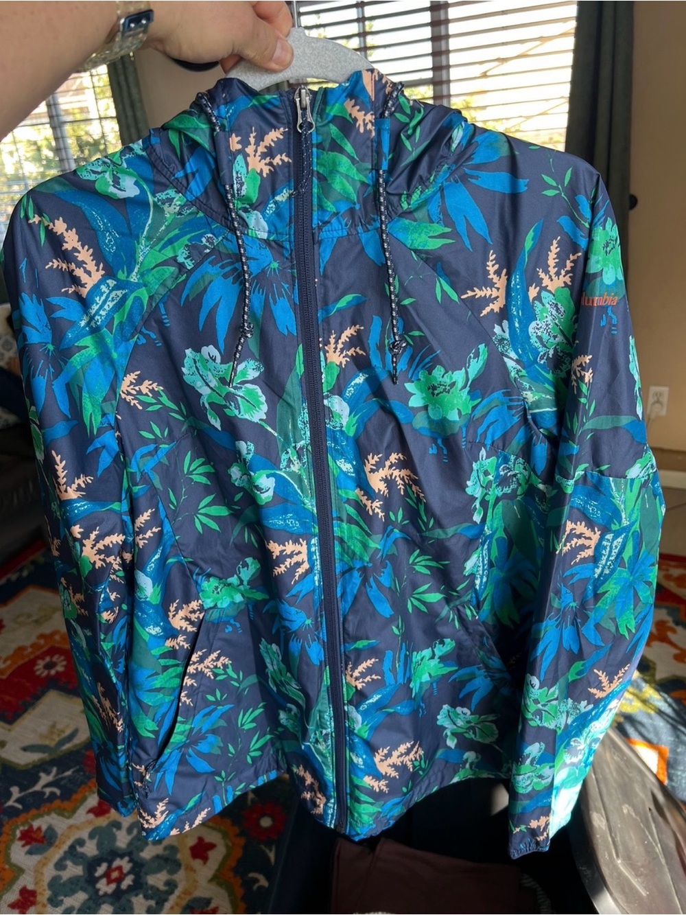 Columbia Navy Blue Green Floral Hooded Utility Jacket